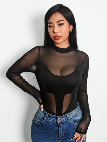 Mesh Patchwork Perspective Bodysuit