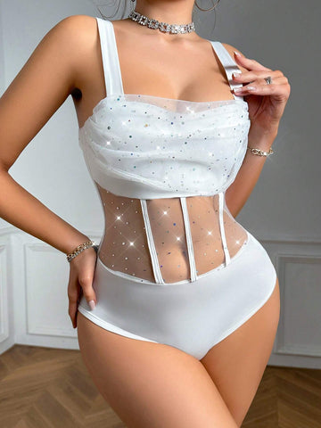 Mesh Patchwork Rhinestone Fishbone Waistline Slim Bodysuit With Pressed Lines