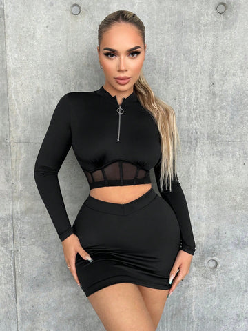 Mesh Patchwork Zipper Closure Crop Top And Midi Skirt Two Piece Set