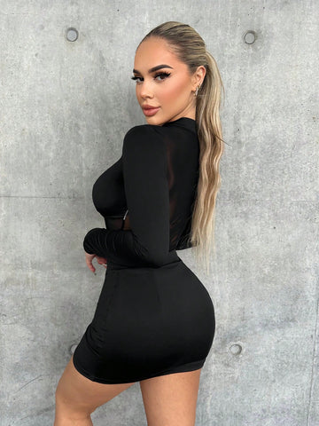 Mesh Patchwork Zipper Closure Crop Top And Midi Skirt Two Piece Set