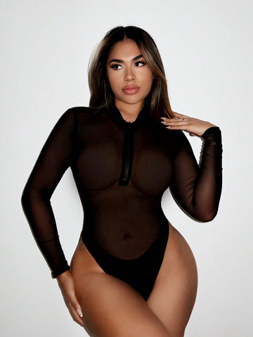 Mesh Perspective Zipper Back Sexy Slim Fit Bodysuit