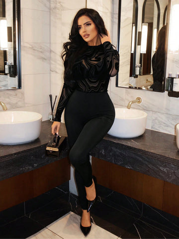 Mesh Printed Bodysuit With Wave Pattern
