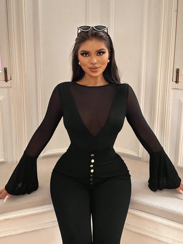 Mesh Splicing Flare Sleeve Bodysuit