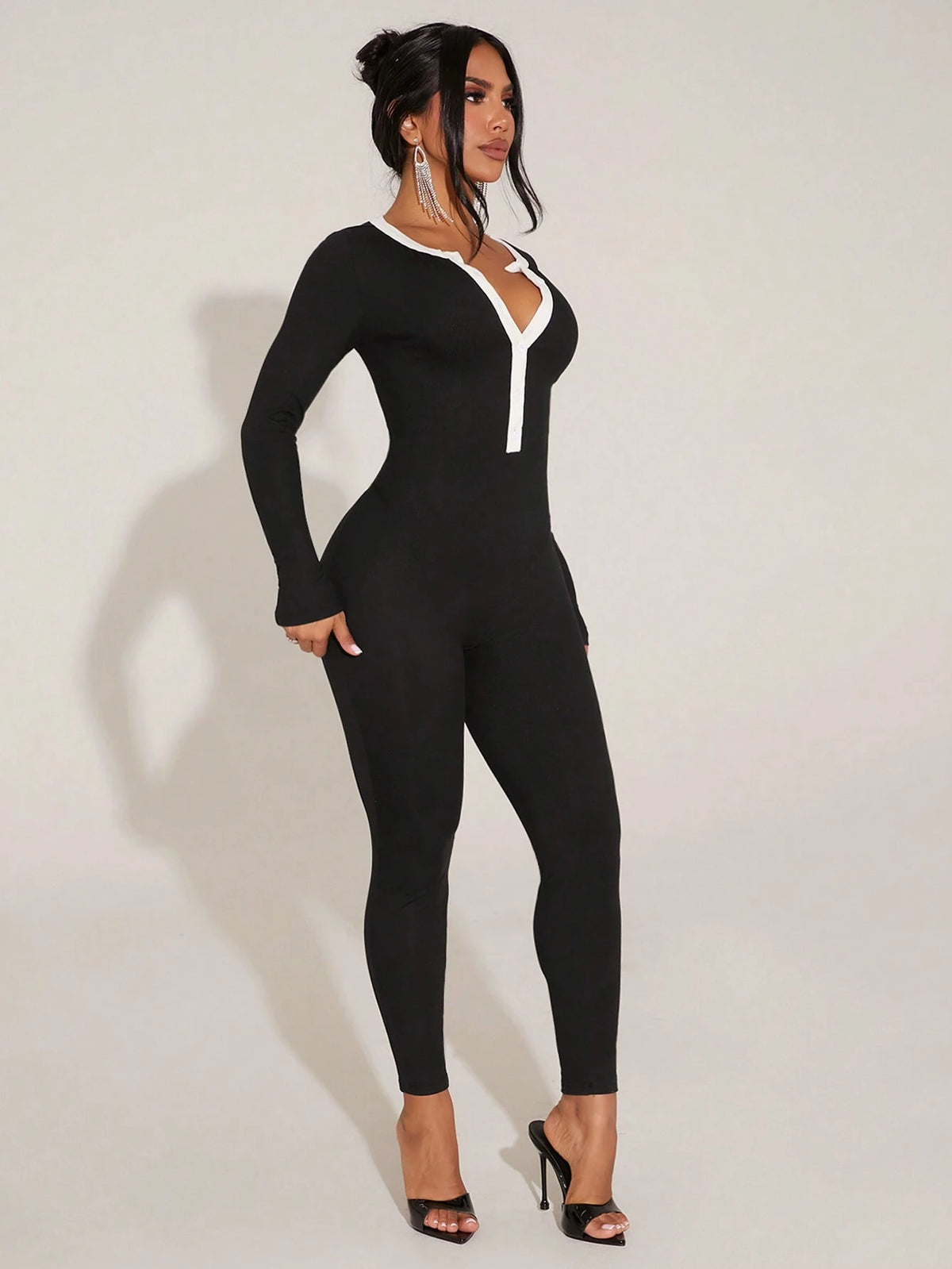 Minimalist Sexy Black & White Splicing Tight Jumpsuit, Leisure And Home Wear