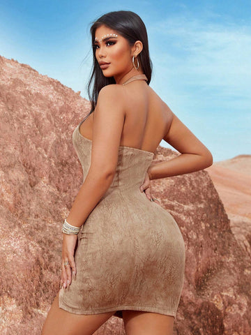 Festival Western Style Boho Fashion Women's Light Brown Khaki Apricot Suede Texture Mottled Leather Sexy High-End Resort Style Tight Short Halterneck Adjustable Hem Small Details Slit Short High Elastic Dress