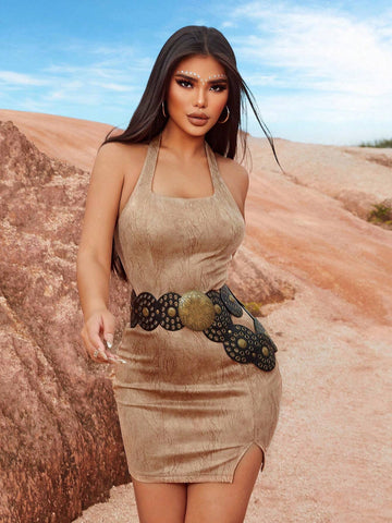 Festival Western Style Boho Fashion Women's Light Brown Khaki Apricot Suede Texture Mottled Leather Sexy High-End Resort Style Tight Short Halterneck Adjustable Hem Small Details Slit Short High Elastic Dress