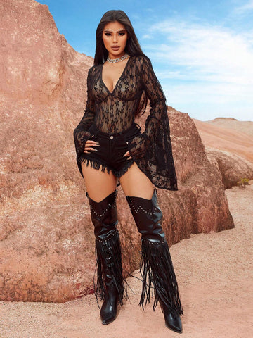 Music Festival Western Style Women's Sexy Black Floral Hollow Lace Vacation High-Elastic High-End Charming Hot Girl Temperament Sexy Long Sleeves Exaggerated Bell Sleeves Tight Front Medium Deep V Short Top