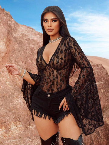 Music Festival Western Style Women's Sexy Black Floral Hollow Lace Vacation High-Elastic High-End Charming Hot Girl Temperament Sexy Long Sleeves Exaggerated Bell Sleeves Tight Front Medium Deep V Short Top