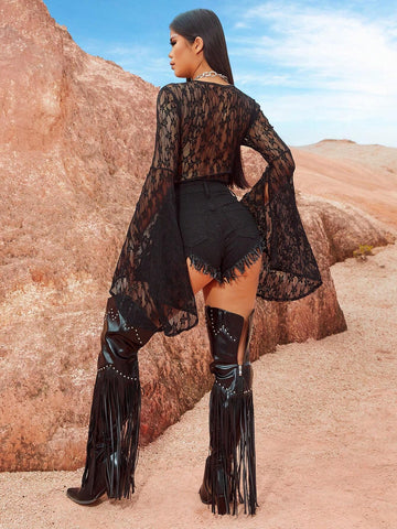 Music Festival Western Style Women's Sexy Black Floral Hollow Lace Vacation High-Elastic High-End Charming Hot Girl Temperament Sexy Long Sleeves Exaggerated Bell Sleeves Tight Front Medium Deep V Short Top