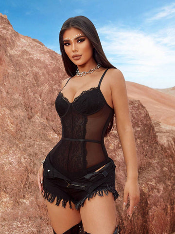 Music Festival Western Style Women's Sexy Black Steel Ring Fishbone Flower Hollow Lace Vacation High-Elastic High-End Charming Hot Girl Temperament Sexy Sleeveless Tight Shoulder Strap Adjustable Short Bra Bodysuit