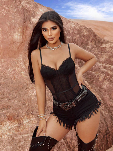 Music Festival Western Style Women's Sexy Black Steel Ring Fishbone Flower Hollow Lace Vacation High-Elastic High-End Charming Hot Girl Temperament Sexy Sleeveless Tight Shoulder Strap Adjustable Short Bra Bodysuit