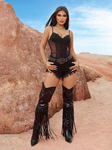 Music Festival Western Style Women's Sexy Black Steel Ring Fishbone Flower Hollow Lace Vacation High-Elastic High-End Charming Hot Girl Temperament Sexy Sleeveless Tight Shoulder Strap Adjustable Short Bra Bodysuit