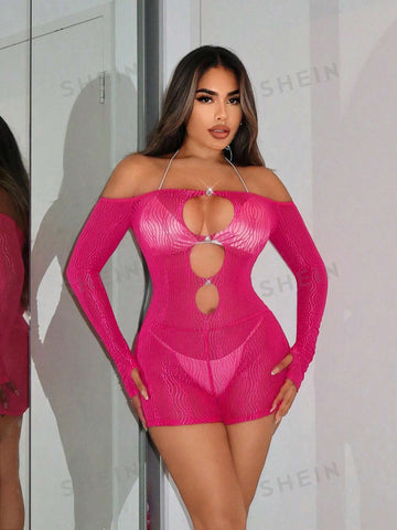 Music Festival Western Wear Women Festival Outfits Women's Wave Patterned See-Through Bodycon Jumpsuit With Cut Out Detailing, One Shouldered