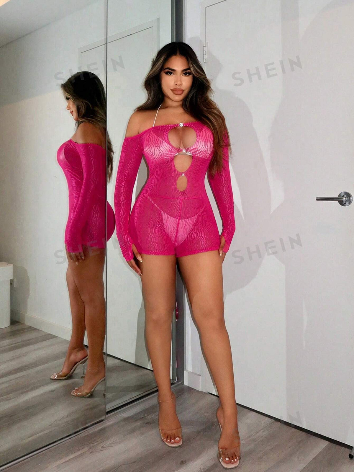 Music Festival Western Wear Women Festival Outfits Women's Wave Patterned See-Through Bodycon Jumpsuit With Cut Out Detailing, One Shouldered