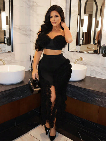 New Year'S Eve Party Sheer Mesh Ruffle Edge Top And Skirt Set