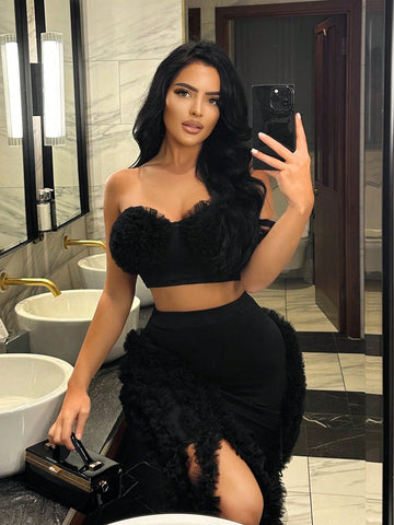 New Year'S Eve Party Sheer Mesh Ruffle Edge Top And Skirt Set