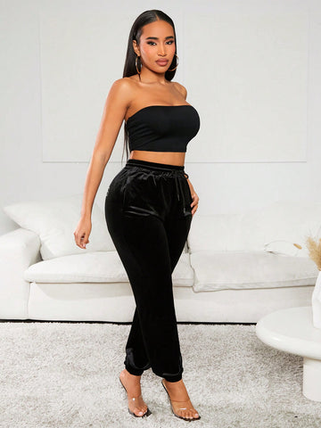 SXY New Year'S Eve Women'S Velvet Sweatpants With Rhinestone Patches