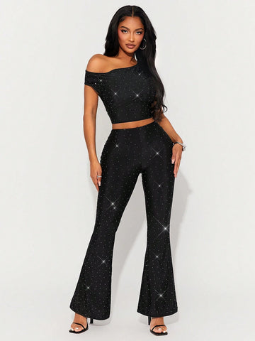 New Year Sexy Nightclub Party Asymmetrical Black Cropped Top And Low-Rise Flared Pants With Silver Rhinestones
