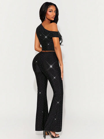 New Year Sexy Nightclub Party Asymmetrical Black Cropped Top And Low-Rise Flared Pants With Silver Rhinestones