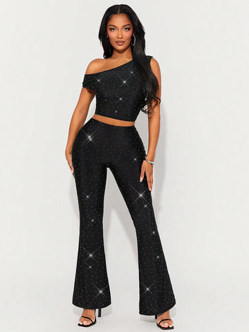 New Year Sexy Nightclub Party Asymmetrical Black Cropped Top And Low-Rise Flared Pants With Silver Rhinestones