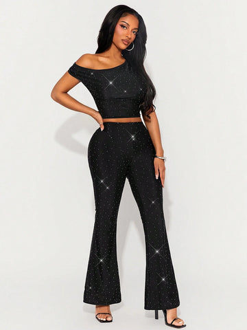 New Year Sexy Nightclub Party Asymmetrical Black Cropped Top And Low-Rise Flared Pants With Silver Rhinestones