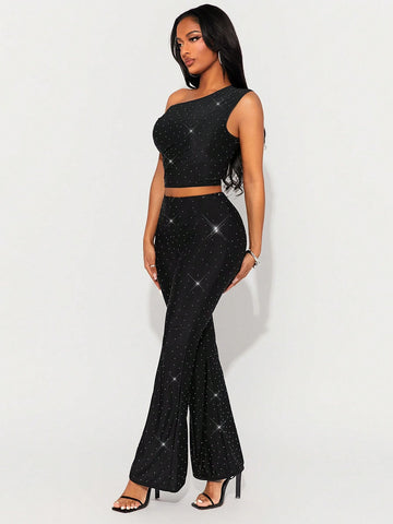 New Year Sexy Nightclub Party Asymmetrical Black Cropped Top And Low-Rise Flared Pants With Silver Rhinestones