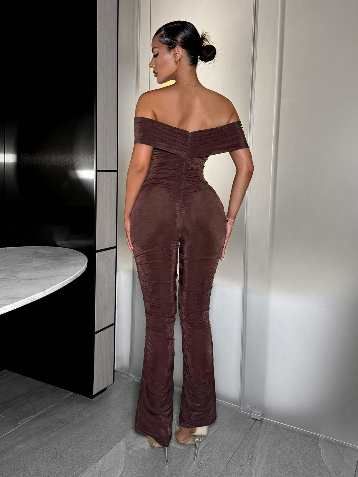 New Year's Eve Party One Shoulder Ruffle Design Flare Leg Jumpsuit