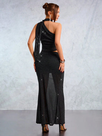 New Year's Party Elegant Casual Sexy Nightclub Valentine's Day Date Essential Black Glitter Mesh Asymmetrical Hanging Neck With Streamer Pleated Sleeveless Top And Ultra-Low Waist Fishtail Skirt Two-Piece Set