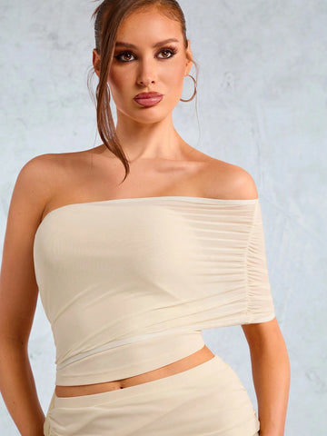 New Year's Party Elegant Casual Sexy Nightclub Valentine's Day Dating Must-Have Khaki High Stretch Mesh Pleated Off-The-Shoulder Asymmetrical Top And Over-The-Knee Skirt Two-Piece Set