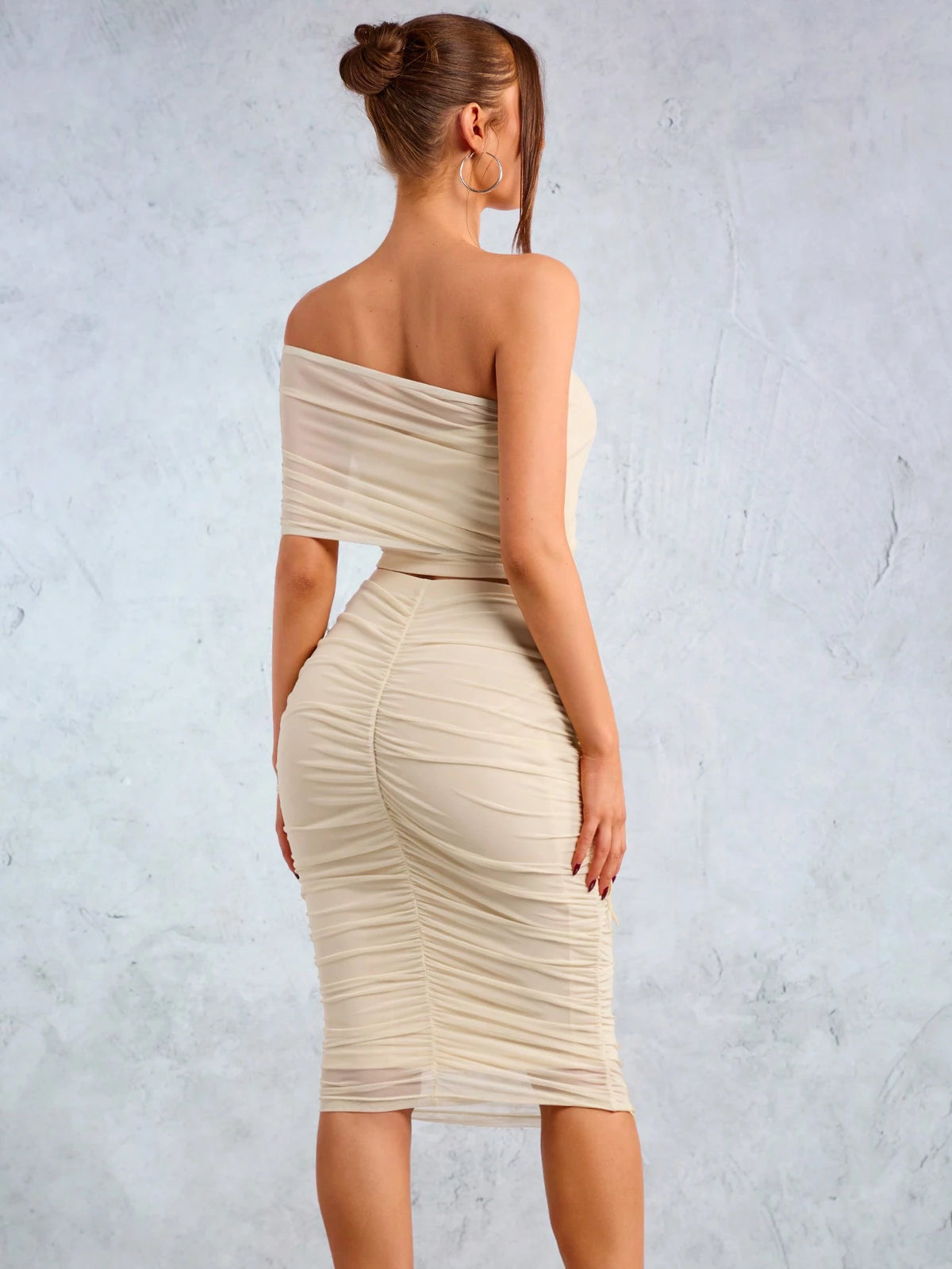 New Year's Party Elegant Casual Sexy Nightclub Valentine's Day Dating Must-Have Khaki High Stretch Mesh Pleated Off-The-Shoulder Asymmetrical Top And Over-The-Knee Skirt Two-Piece Set