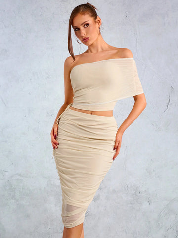 New Year's Party Elegant Casual Sexy Nightclub Valentine's Day Dating Must-Have Khaki High Stretch Mesh Pleated Off-The-Shoulder Asymmetrical Top And Over-The-Knee Skirt Two-Piece Set