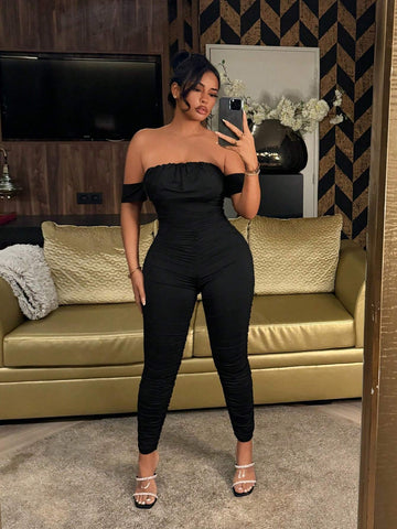 Off-Shoulder Ruffle Detail Sexy Bodycon Jumpsuit