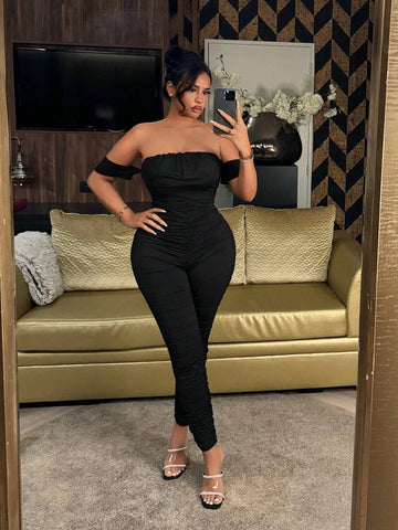 Off-Shoulder Ruffle Detail Sexy Bodycon Jumpsuit