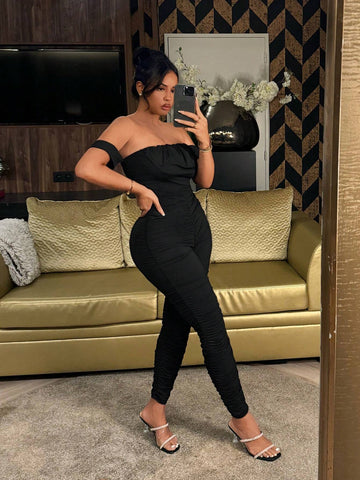 Off-Shoulder Ruffle Detail Sexy Bodycon Jumpsuit