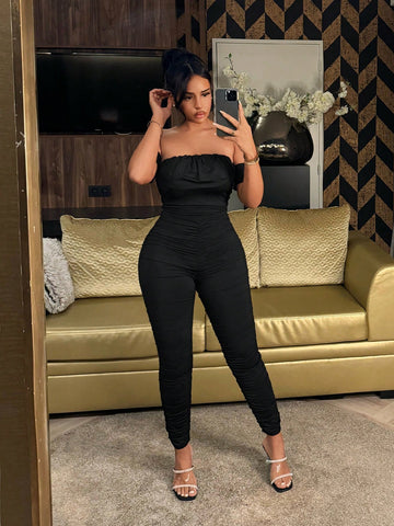 Off-Shoulder Ruffle Detail Sexy Bodycon Jumpsuit