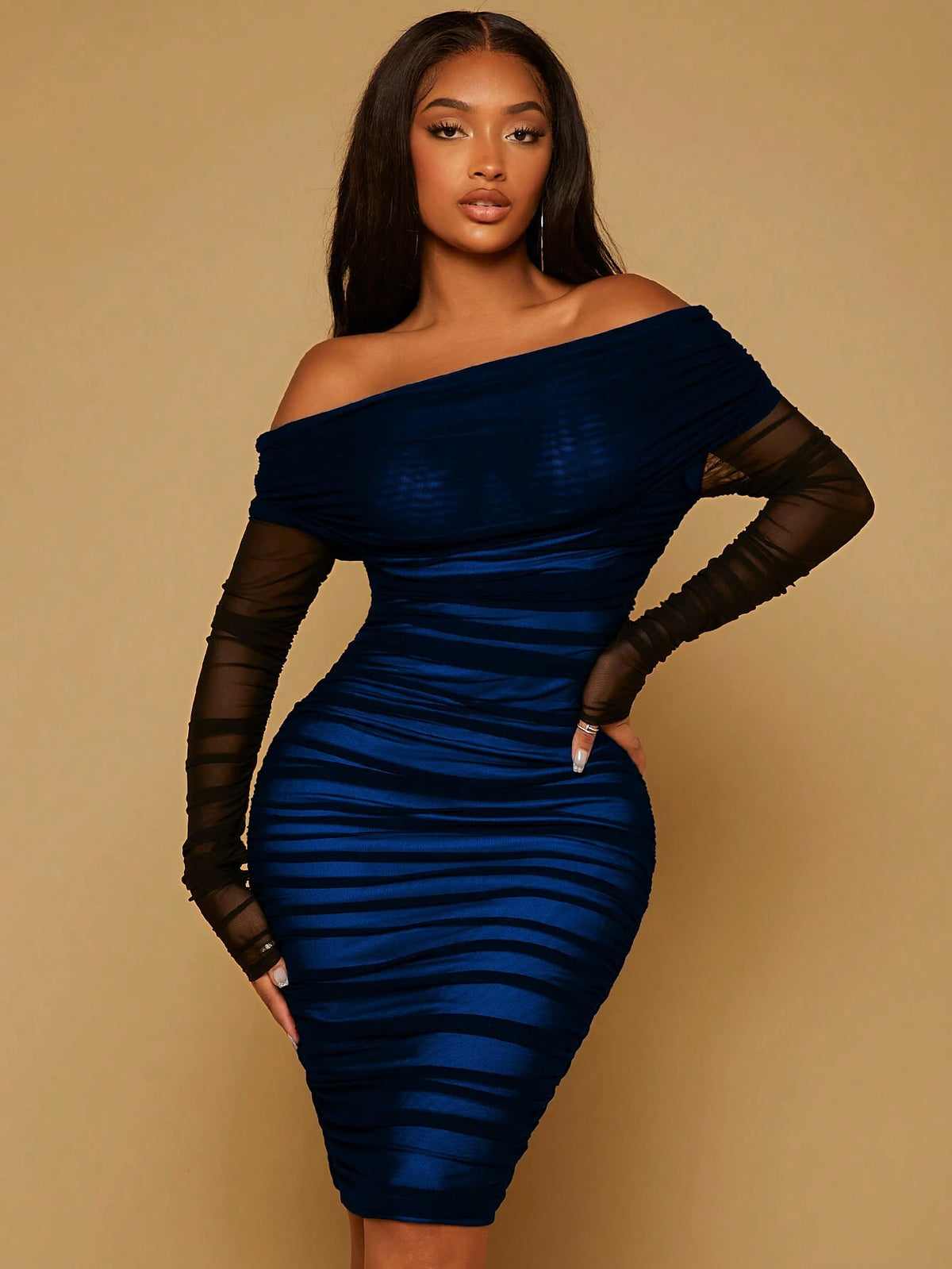 Off-Shoulder Transparent Mesh Slim Fit Dress
