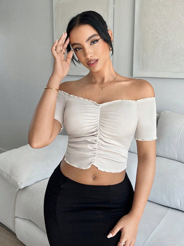 Off Shoulder Ruched Lettuce Trim Crop Tee