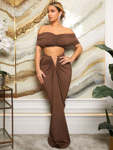 Off Shoulder Ruffle Crop Top & Wrap Waist Midi Skirt Khaki Set
