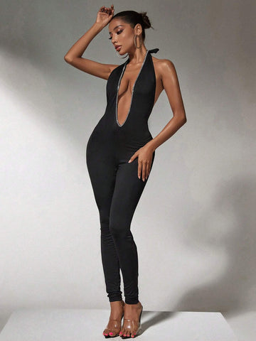 One Piece Clothing Deep V Neck Rhinestones Women Black Bodysuit