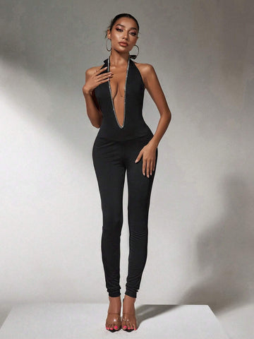 One Piece Clothing Deep V Neck Rhinestones Women Black Bodysuit