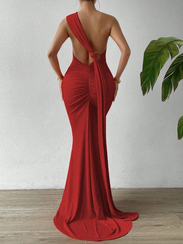 SXY One Shoulder O-ring Detail Draped Back Dress