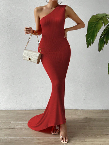 SXY One Shoulder O-ring Detail Draped Back Dress