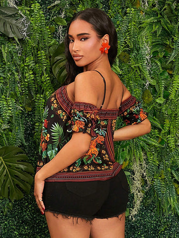 SXY Open Shoulder Printed A-Line Casual Top With Vacation Vibes