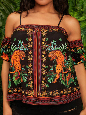 SXY Open Shoulder Printed A-Line Casual Top With Vacation Vibes