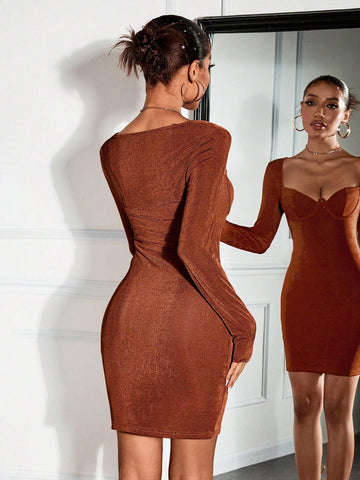 Party Dance High Elastic Knitted Long Sleeve Mini Dress For Women