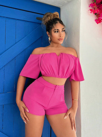 Pink Summer Resort Beach Wear Cute Sexy Beach Vacation Off-Shoulder Shirt And Shorts Set