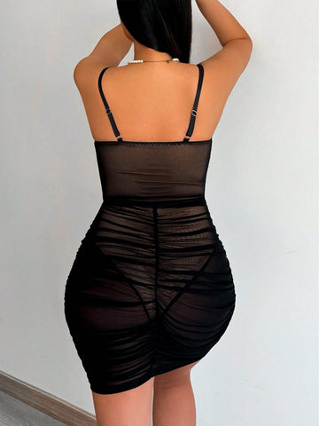 Pleated Mesh Overlay Halter Jumpsuit And Skirt 2pcs Set