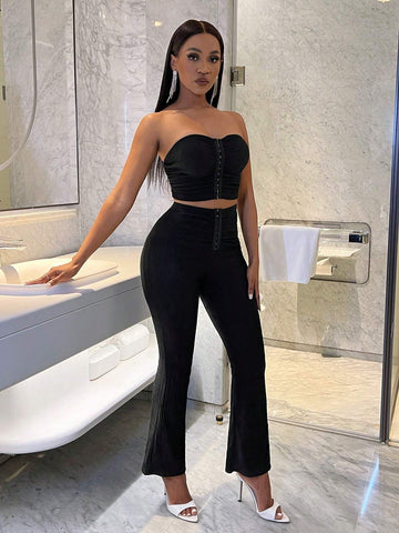 Pleated Strapless Top And Slim Flared Leggings Two Piece Set