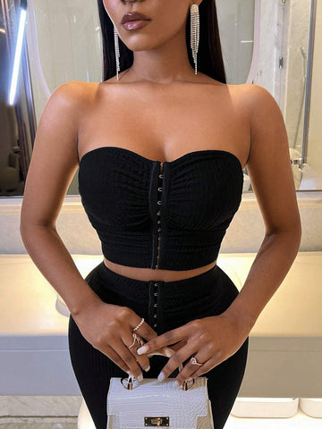 Pleated Strapless Top And Slim Flared Leggings Two Piece Set