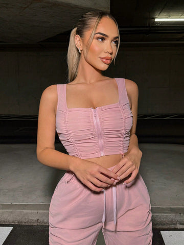 Pleated Street Style Sexy Sleeveless Top And Pants Cargo Set
